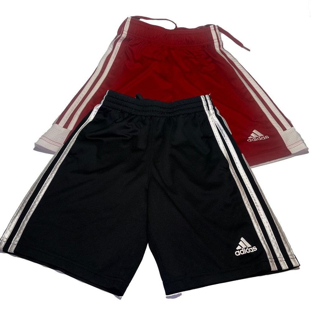 Adidas Boys Athletic Shorts Bundle | Black & Red w/ White Stripes | 10/12